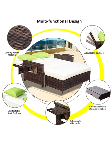 Outsunny Rattan Sun Lounger 2 Seater Day Bed-Brown