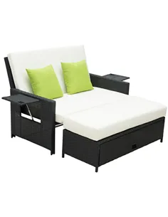 Outsunny Rattan 2-Seater Sofa Sun Lounger Bed-Black