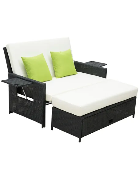 Outsunny Rattan 2-Seater Sofa Sun Lounger Bed-Black