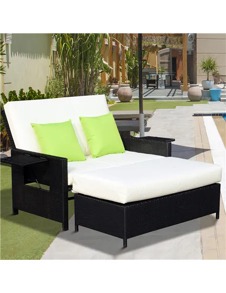 Outsunny Rattan 2-Seater Sofa Sun Lounger Bed-Black