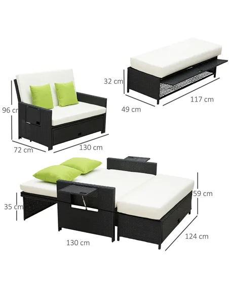 Outsunny Rattan 2-Seater Sofa Sun Lounger Bed-Black