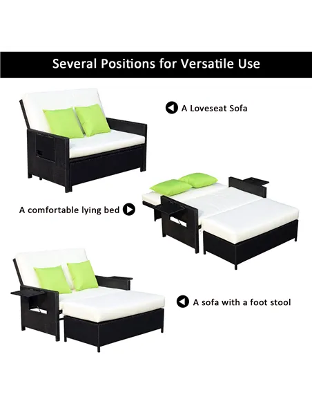 Outsunny Rattan 2-Seater Sofa Sun Lounger Bed-Black