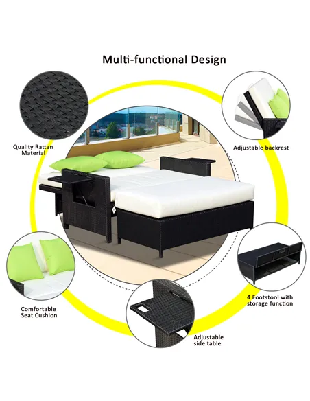 Outsunny Rattan 2-Seater Sofa Sun Lounger Bed-Black