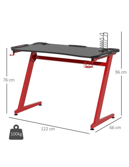 HOMCOM 122 x 66 cm Gaming Desk, Carbon Fibre Covered Computer Desk, Gamer Workstation with Headphone Hook, Cup Holder and Gamepa