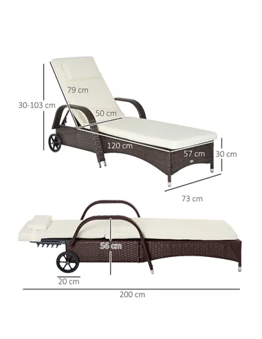 Outsunny Brown Rattan Sun Lounger w/ Adjustable Steel Frame,200Lx73Wx56-103H cm