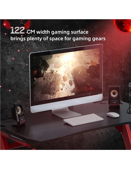 HOMCOM 122 x 66 cm Gaming Desk, Carbon Fibre Covered Computer Desk, Gamer Workstation with Headphone Hook, Cup Holder and Gamepa