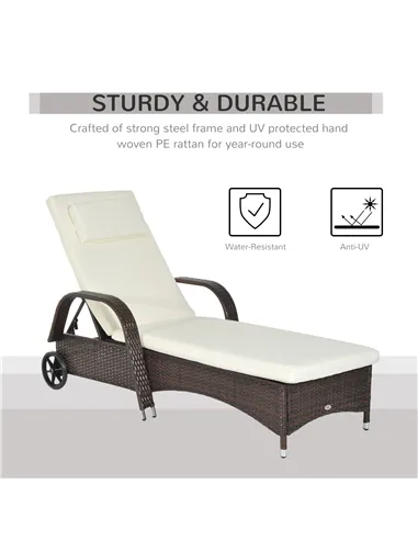 Outsunny Brown Rattan Sun Lounger w/ Adjustable Steel Frame,200Lx73Wx56-103H cm