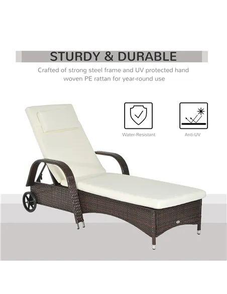 Outsunny Brown Rattan Sun Lounger w/ Adjustable Steel Frame,200Lx73Wx56-103H cm