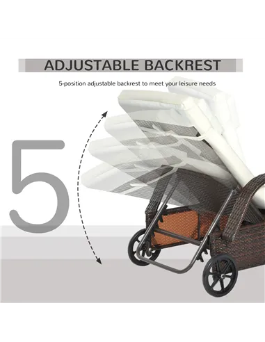 Outsunny Brown Rattan Sun Lounger w/ Adjustable Steel Frame,200Lx73Wx56-103H cm