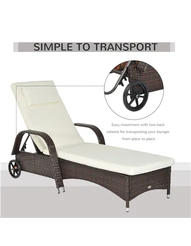 Outsunny Brown Rattan Sun Lounger w/ Adjustable Steel Frame,200Lx73Wx56-103H cm