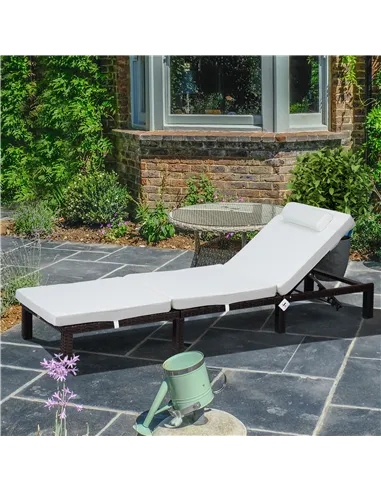 Outsunny Rattan Sun Lounger, 5-Level Adjustable Garden Lounger Recliner with Cushion and Headrest, Outdoor Reclining Sunbed, Ste