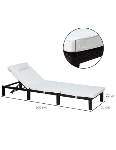 Outsunny Rattan Sun Lounger, 5-Level Adjustable Garden Lounger Recliner with Cushion and Headrest, Outdoor Reclining Sunbed, Ste