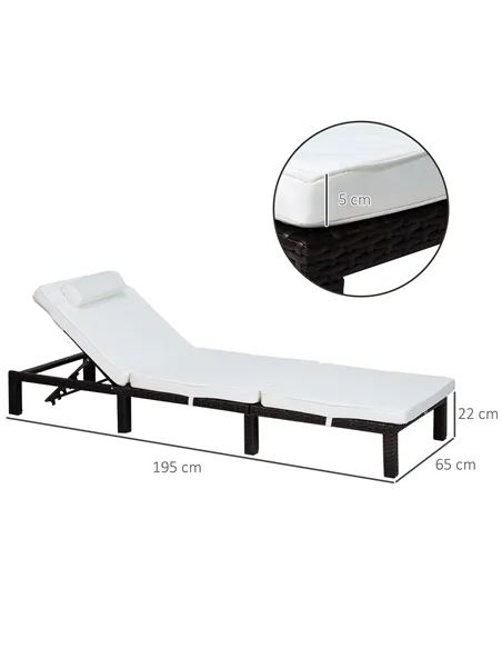 Outsunny Rattan Sun Lounger, 5-Level Adjustable Garden Lounger Recliner with Cushion and Headrest, Outdoor Reclining Sunbed, Ste