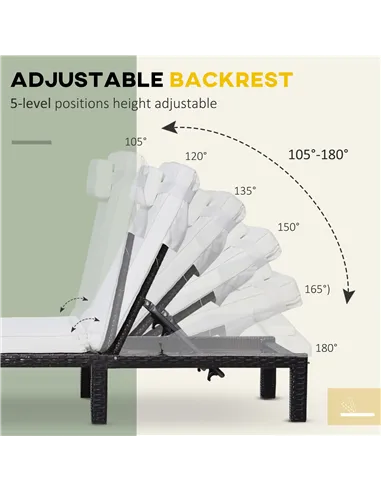 Outsunny Rattan Sun Lounger, 5-Level Adjustable Garden Lounger Recliner with Cushion and Headrest, Outdoor Reclining Sunbed, Ste