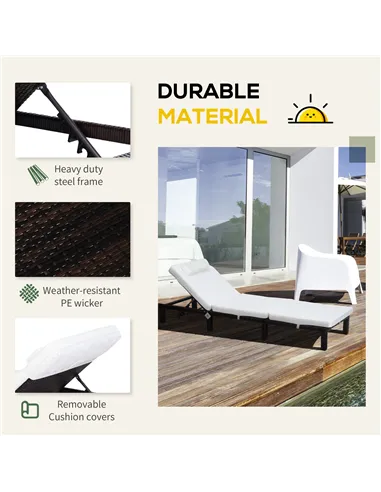 Outsunny Rattan Sun Lounger, 5-Level Adjustable Garden Lounger Recliner with Cushion and Headrest, Outdoor Reclining Sunbed, Ste