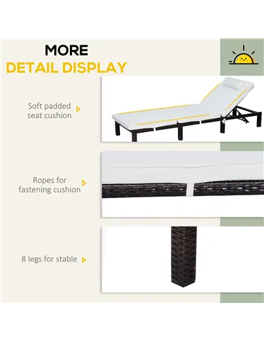 Outsunny Rattan Sun Lounger, 5-Level Adjustable Garden Lounger Recliner with Cushion and Headrest, Outdoor Reclining Sunbed, Ste