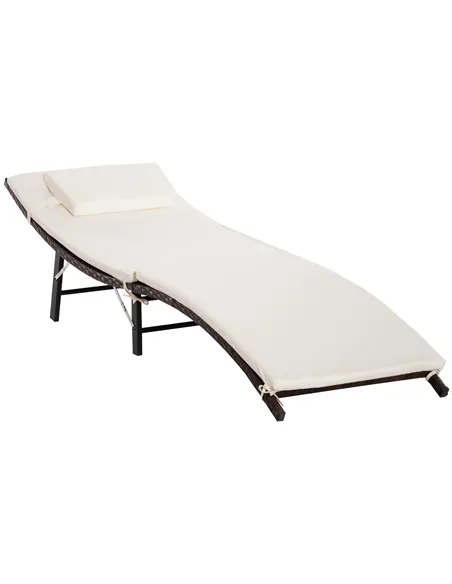 Outsunny Rattan Folding Sun Lounger Outdoor Chair with Cushion and Pillow Cream White