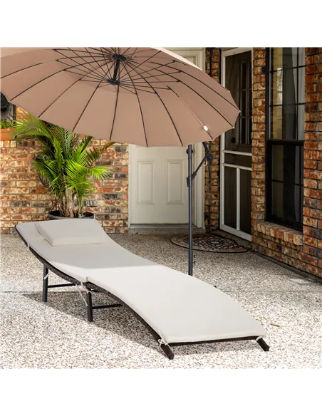 Outsunny Rattan Folding Sun Lounger Outdoor Chair with Cushion and Pillow Cream White