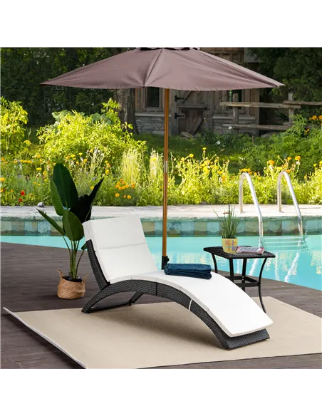 Outsunny Outdoor Foldable PE Rattan Sun Lounger with Soft Padded Cushion, Ergonomic Curved Design Sun Bed for Balcony, Garden, B