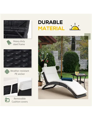 Outsunny Outdoor Foldable PE Rattan Sun Lounger with Soft Padded Cushion, Ergonomic Curved Design Sun Bed for Balcony, Garden, B