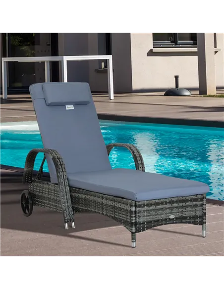 Outsunny Garden Rattan Furniture Single Sun Lounger Recliner Bed Reclining Chair Patio Outdoor Wicker Weave Adjustable Headrest 