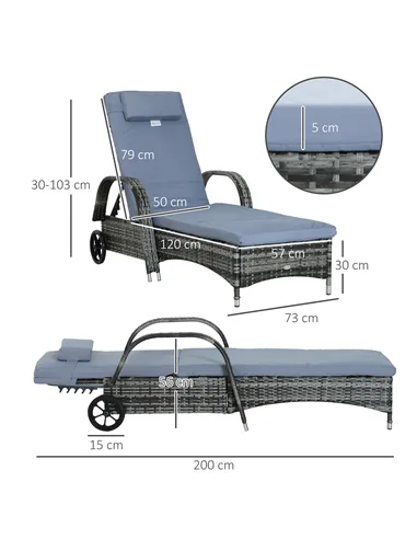 Outsunny Garden Rattan Furniture Single Sun Lounger Recliner Bed Reclining Chair Patio Outdoor Wicker Weave Adjustable Headrest 