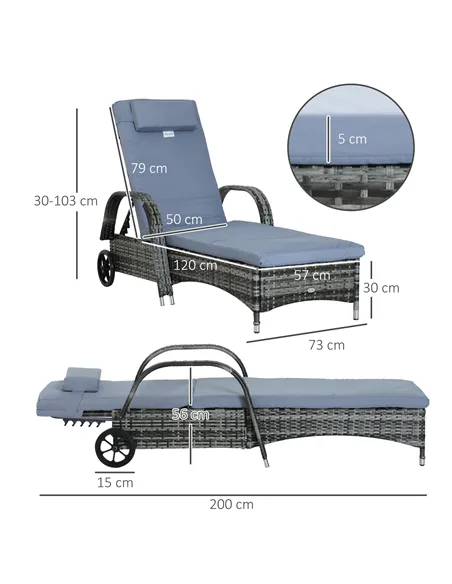 Outsunny Garden Rattan Furniture Single Sun Lounger Recliner Bed Reclining Chair Patio Outdoor Wicker Weave Adjustable Headrest 