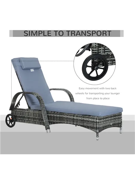 Outsunny Garden Rattan Furniture Single Sun Lounger Recliner Bed Reclining Chair Patio Outdoor Wicker Weave Adjustable Headrest 