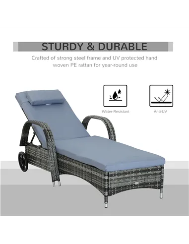 Outsunny Garden Rattan Furniture Single Sun Lounger Recliner Bed Reclining Chair Patio Outdoor Wicker Weave Adjustable Headrest 