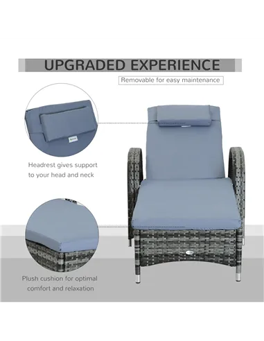 Outsunny Garden Rattan Furniture Single Sun Lounger Recliner Bed Reclining Chair Patio Outdoor Wicker Weave Adjustable Headrest 