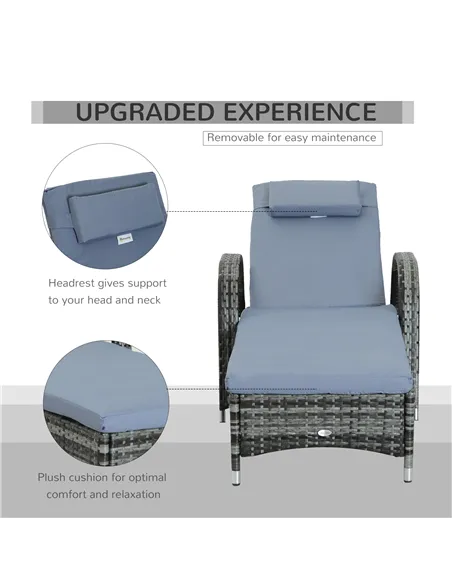 Outsunny Garden Rattan Furniture Single Sun Lounger Recliner Bed Reclining Chair Patio Outdoor Wicker Weave Adjustable Headrest 