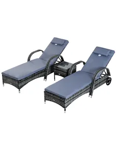 Outsunny 3 Pieces Rattan Sun Loungers, Garden Wicker Wheeling Recliner , PE Rattan Lounge Chairs w/ Cushions & Side Coffee Table