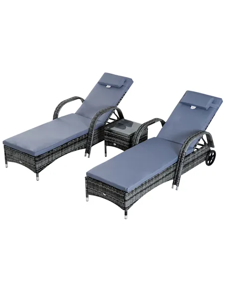 Outsunny 3 Pieces Rattan Sun Loungers, Garden Wicker Wheeling Recliner , PE Rattan Lounge Chairs w/ Cushions & Side Coffee Table