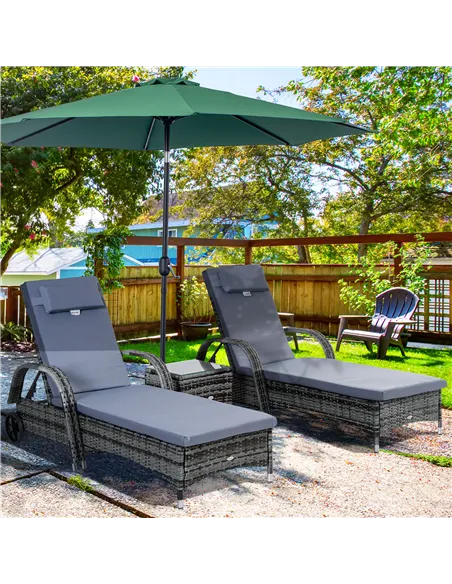 Outsunny 3 Pieces Rattan Sun Loungers, Garden Wicker Wheeling Recliner , PE Rattan Lounge Chairs w/ Cushions & Side Coffee Table