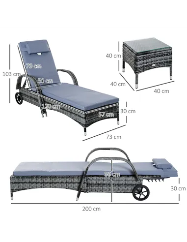 Outsunny 3 Pieces Rattan Sun Loungers, Garden Wicker Wheeling Recliner , PE Rattan Lounge Chairs w/ Cushions & Side Coffee Table