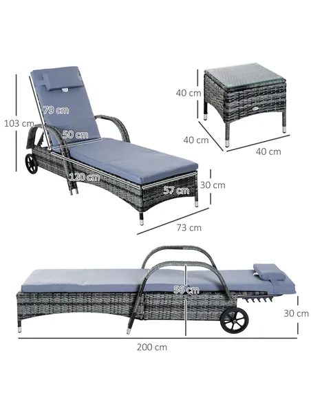 Outsunny 3 Pieces Rattan Sun Loungers, Garden Wicker Wheeling Recliner , PE Rattan Lounge Chairs w/ Cushions & Side Coffee Table