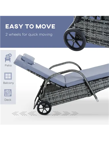 Outsunny 3 Pieces Rattan Sun Loungers, Garden Wicker Wheeling Recliner , PE Rattan Lounge Chairs w/ Cushions & Side Coffee Table