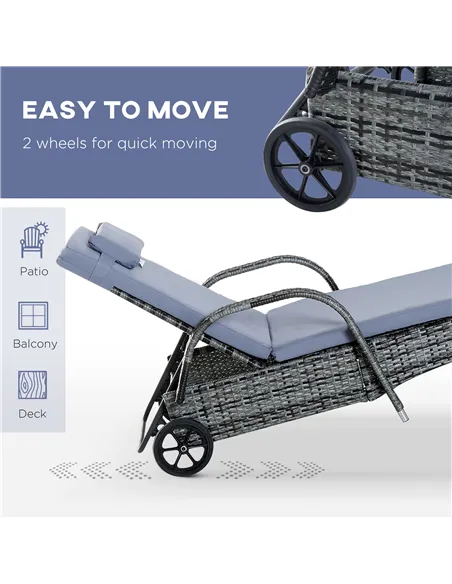 Outsunny 3 Pieces Rattan Sun Loungers, Garden Wicker Wheeling Recliner , PE Rattan Lounge Chairs w/ Cushions & Side Coffee Table