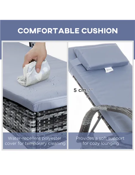 Outsunny 3 Pieces Rattan Sun Loungers, Garden Wicker Wheeling Recliner , PE Rattan Lounge Chairs w/ Cushions & Side Coffee Table