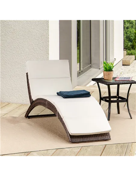 Outsunny Outdoor Foldable PE Rattan Sun Lounger with Soft Padded Cushion, Ergonomic Curved Design Sun Bed for Garden, Balcony, G