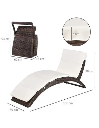 Outsunny Outdoor Foldable PE Rattan Sun Lounger with Soft Padded Cushion, Ergonomic Curved Design Sun Bed for Garden, Balcony, G