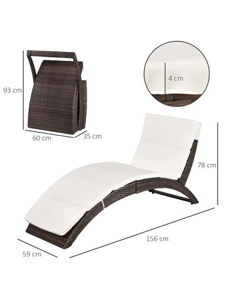 Outsunny Outdoor Foldable PE Rattan Sun Lounger with Soft Padded Cushion, Ergonomic Curved Design Sun Bed for Garden, Balcony, G