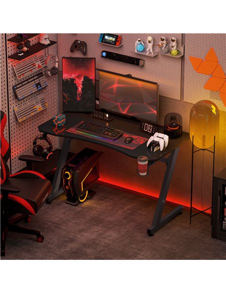 HOMCOM Gaming Desk 120 x 65 cm Steel Frame with Cup Holder, Headphone Hook, Adjustable Feet and Cable Organiser, Home Office Com