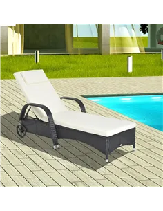 Outsunny Rattan Sun Lounger, Garden Lounger Recliner with Wheels and Adjustable Backrest, Outdoor Reclining Sunbed Garden Chair  2