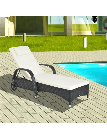 Outsunny Rattan Sun Lounger, Garden Lounger Recliner with Wheels and Adjustable Backrest, Outdoor Reclining Sunbed Garden Chair 