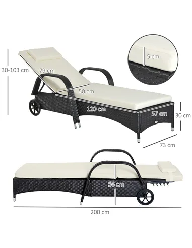 Outsunny Rattan Sun Lounger, Garden Lounger Recliner with Wheels and Adjustable Backrest, Outdoor Reclining Sunbed Garden Chair 