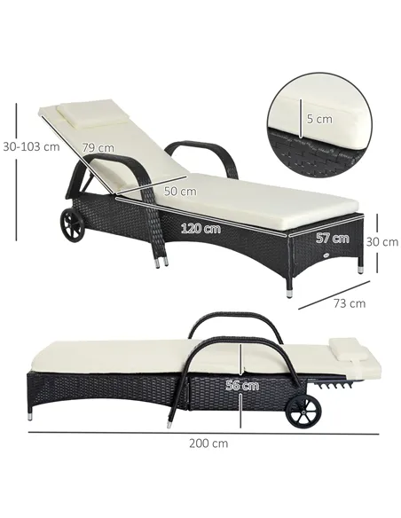 Outsunny Rattan Sun Lounger, Garden Lounger Recliner with Wheels and Adjustable Backrest, Outdoor Reclining Sunbed Garden Chair 