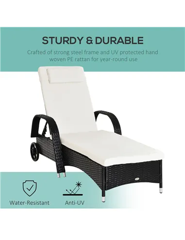 Outsunny Rattan Sun Lounger, Garden Lounger Recliner with Wheels and Adjustable Backrest, Outdoor Reclining Sunbed Garden Chair 