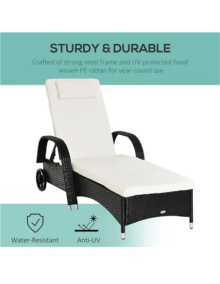 Outsunny Rattan Sun Lounger, Garden Lounger Recliner with Wheels and Adjustable Backrest, Outdoor Reclining Sunbed Garden Chair 