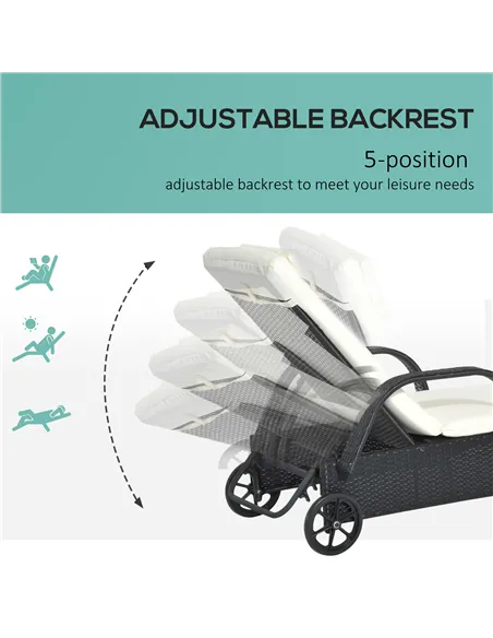 Outsunny Rattan Sun Lounger, Garden Lounger Recliner with Wheels and Adjustable Backrest, Outdoor Reclining Sunbed Garden Chair 